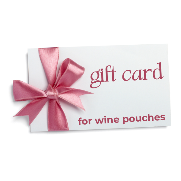 White gift card with a pink satin ribbon bow, text reads gift card for wine pouches